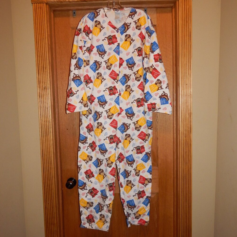 Women's Size Medium M LOONEY TUNES 100% Cotton Flannel One Piece Pajama Set TAZ